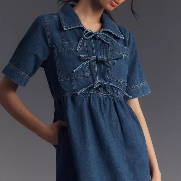 ALIGNE for Anthropologie Effy Short Sleeve Tie-Front Midi Denim Dress - Picture 1 of 13